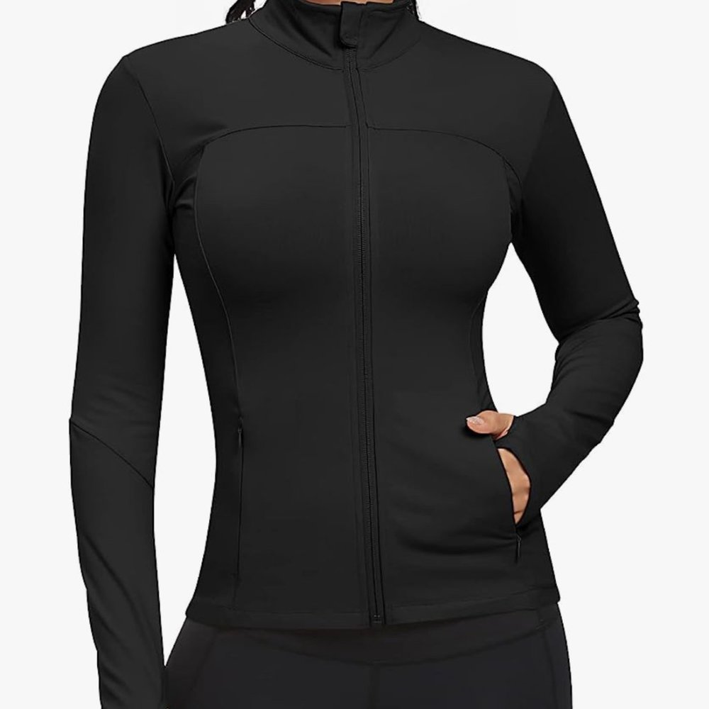 Never worn Black womens activewear jacket with thumb holes.